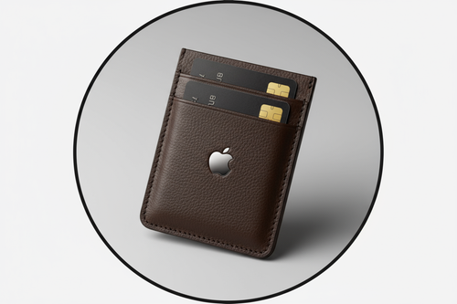 Luxury Leather iPhone Magnetic Wallet™ – Sleek Cardholder for Easy Access”, frame in round shape not a picture and also apple logo make in center of picture
